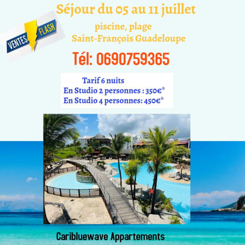 Piscine de l'hôtel Caribluewave avec palmiers et plage à Saint-François, Guadeloupe