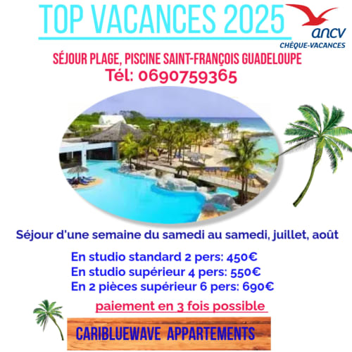 Appartements Caribluewave avec piscine en bord de mer et plage à Saint-François, Guadeloupe, location de vacances