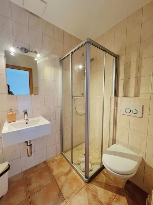 Salle de bains moderne à La Tzoum'hostel à La Tzoumaz avec douche, lavabo blanc et toilettes