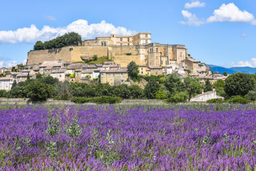 Lavender fields frame a medieval hilltop village with stone buildings and castle ruins in Félines-sur-Rimandoule, France.