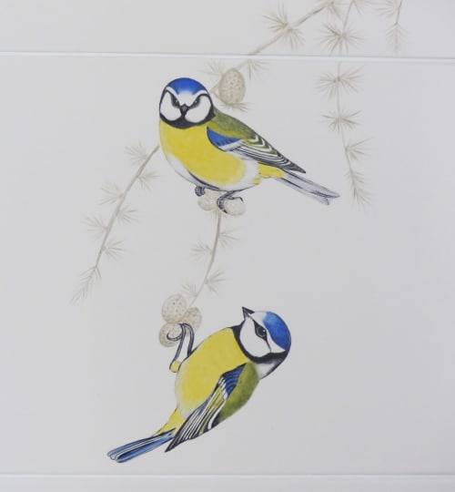 Two blue tits perched on a plant branch, watercolor illustration in Le Casséniou room at L'Amiradou B&B,