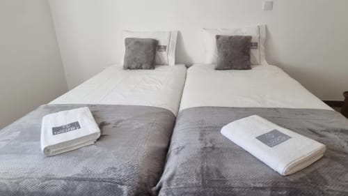 Deux lits simples avec draps gris et blancs et coussins décoratifs à l'appartement Casa do Lume à Leiria