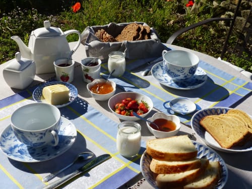 Petit-déjeuner en plein air à L'Amiradou B&B avec thé, pâtisseries, fruits rouges et vue sur le jardin à Félines-sur-Rimandoule