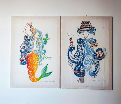 Divertente dittico su tela a tema nautico con illustrazioni di sirena e marinaio, decoro camera Hotel Principe di Rinella