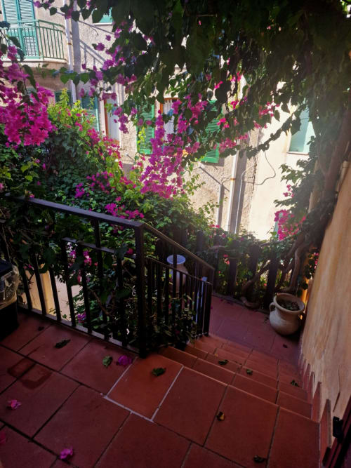 Vibrant bougainvillea-covered terrace at Casa Arborea apartment in Orosei, Italy, with red tile flooring and city views