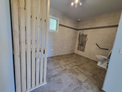 Modern bathroom with walk-in shower, toilet, and wooden partition at Villas Lantana in Lecci