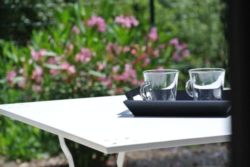 Deux verres transparents à anse sur plateau noir à la table de l'hôtel CARPE DIEM, fleurs roses en fleur dans le jardin en arrière-plan, Lorgues