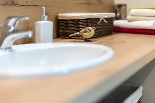 Modern bathroom vanity at L'Amiradou B&B in Félines-sur-Rimandoule with decorative bird figurine