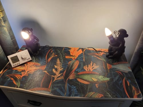 Stylish accent lighting setup with decorative fish-patterned fabric in Room 25 at Jane's B&B, Guisborough
