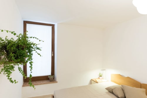 Camera luminosa dell'Appartamento Dante a Verona, con cornice in legno, pianta in vaso e biancheria beige