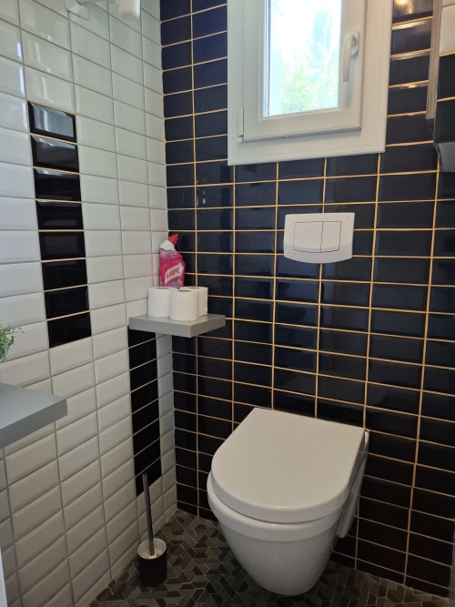 Salle de bains moderne du cottage Accolade avec carrelage noir et blanc, toilettes blanches et petit meuble de rangement pour articles de toilette