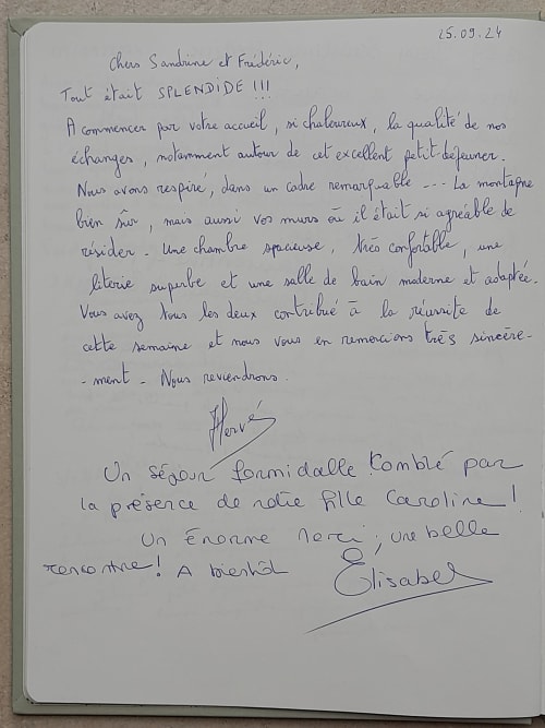 Handwritten French letter praising L'Amiradou guesthouse in Félines-sur-Rimandoule, signed by Hervé and Elisabeth