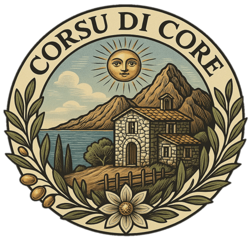 Emblème de la conciergerie Corsu Di Core avec paysage corse : montagnes, bâtisse en pierre traditionnelle, soleil et branches d'olivier