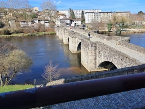 Pont de pierre historique enjambant la rivière à Limoges avec architecture médiévale et bâtiments résidentiels environnants