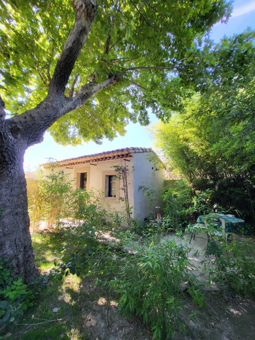 Vue du jardin à Le Cabanon du Clos B&B à Isle sur la Sorgue, chaumière en pierre entourée de verdure luxuriante