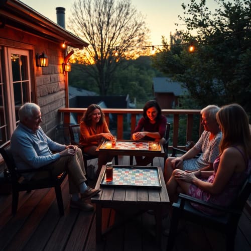 Famille jouant à des jeux de société sur la terrasse au coucher de soleil, Les Logis d'Argent, gîte à Mimizan, France