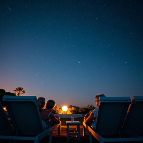 Couple admirant le coucher de soleil et les étoiles depuis des transats aux Logis d'Argent, Mimizan, avec pluie de météores visible