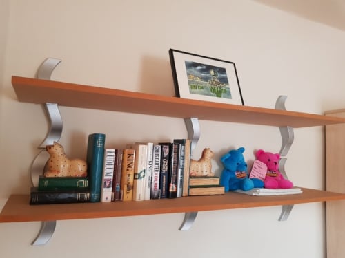 Wooden wall shelves in Jane's B&B apartment displaying books, decorative cat figurines, and framed artwork in Guisborough