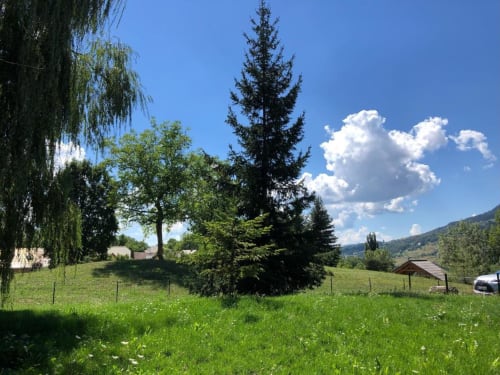 Paysage rural de Locavilla avec prairies verdoyantes, sapins et vues montagneuses près de Colombes, France