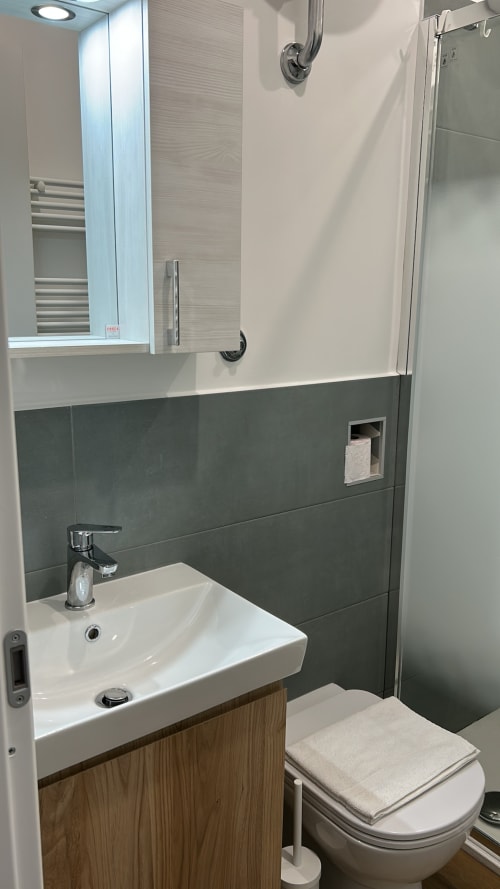 Moderno bagno dell'Art House Rome con lavandino bianco, mobile in legno, pareti piastrellate verde scuro e WC con asciugamani piegati