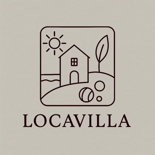 Logo de l'hôtel Locavilla avec un dessin minimaliste d'une maison de campagne ensoleillée, arbre et boules de jardin à Colombes