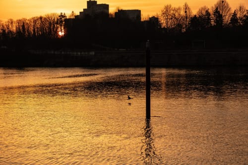 Coucher de soleil doré sur la Seine à Locavilla, Colombes avec bâtiments riverains en silhouette et poteau d'amarrage