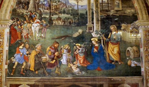 Affresco rinascimentale presso Residenza San Jacopo, Spello con scena natalizia, figure e dettagli architettonici