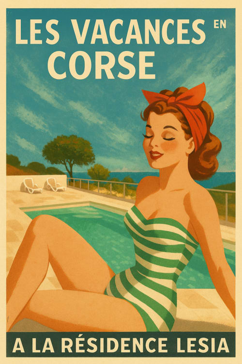 Affiche de vacances vintage de Corse avec femme à la piscine de la Résidence Lésia à Corbara