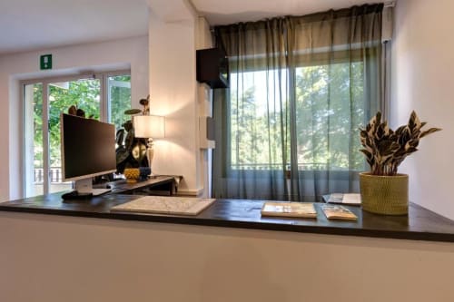 Modern hotel room workspace at Palazzo Belvedere with desk, monitor, potted plant, and forest views through large windows