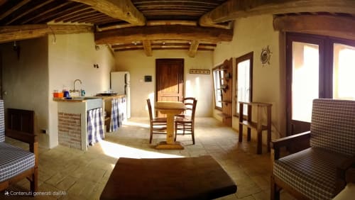 Interno rustico toscano di Casale di Poggioferro con travi a vista, pavimenti in cotto e arredamento in legno tradizionale