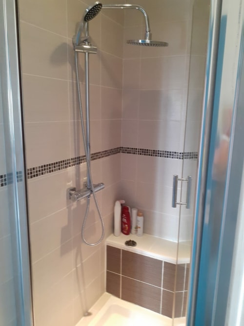 Douche moderne avec paroi vitrée, pluie de tête et douchette, carrelage blanc et marron avec mosaïque décorative