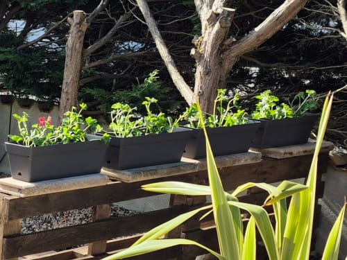 Jardin Val'Déco avec fleurs en pots sur bancs en bois sous les grands arbres, terrasse de l'appartement Les Ponts de Cé