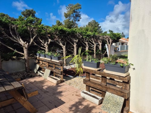Cour de jardin Val'Déco avec arbres taillés, jardinières en bois et patio en terre cuite aux Ponts de Cé