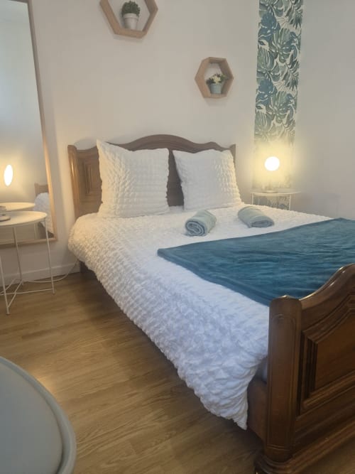 Chambre contemporaine à l'appartement Val'Déco aux Ponts de Cé avec literie blanche, cadre en bois, plantes et éclairage chaleureux