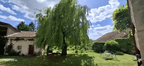 Jardin ensoleillé de La Maison de Marie-Claire avec saule pleureur, coin détente et cottages en pierre