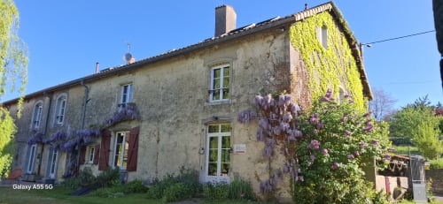 La Maison de Marie-Claire B&B à Doncourt-sur-Meuse, façade couverte de lierre et glycine violette fleurissant sur la pierre