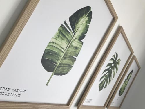 Botanical leaf illustrations framed on wall at Sweet Holiday apartment in Porto-Vecchio garden view