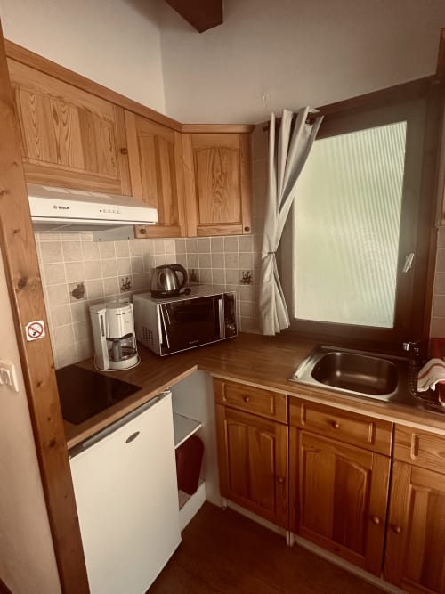 Kitchenette équipée à l'Hôtel Studios La Rochetaillée avec meubles en bois, micro-ondes, bouilloire et évier près de la fenêtre