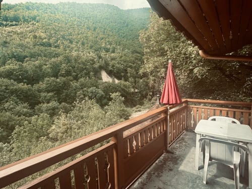 Terrasse panoramique de l'Hôtel Studios La Rochetaillée à Brides-les-Bains, vallée boisée et parapluie rouge