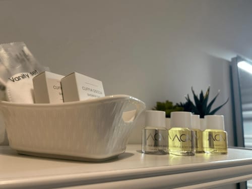 Esposizione di amenities del bagno presso AD Trastevere Guest House Roma con prodotti doccia, set da toilette e piante grasse