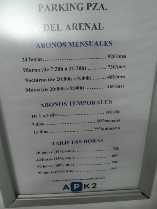 Tarifa de aparcamiento PZA del Arenal con suscripciones mensuales y pases por hora en APK2 de Jerez