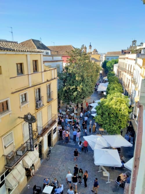 Vista aérea de la plaza histórica de Jerez de la Frontera con coloridos edificios coloniales y una animada escena callejera
