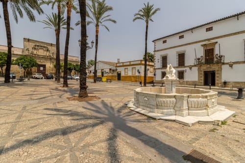 Plaza histórica de Jerez de la Frontera con palmeras, fuente y arquitectura colonial española tradicional