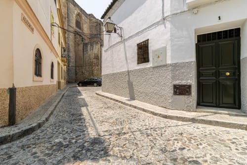 Encantadora calle empedrada en Jerez de la Frontera con edificios históricos, puerta verde y paredes encaladas en Top Home