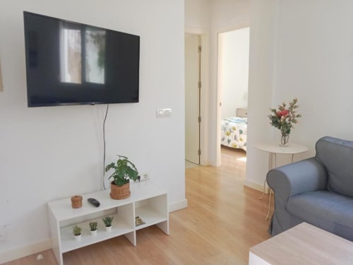 Moderno salón de apartamento con TV montado en pared, estantería blanca, plantas en maceta y sillón gris en Jerez de la