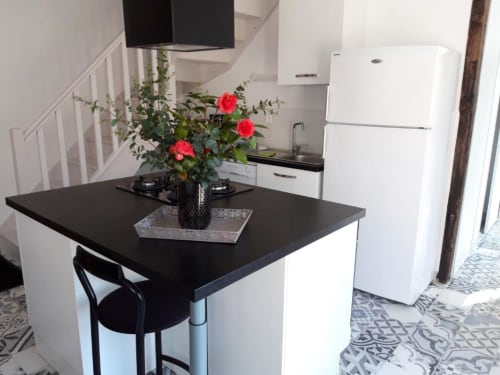 Modern kitchen with black countertop island, white appliances, and red flowers in Avranches B&B