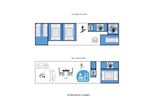 La Longère room layout at Le Petit Lustucru B&B in Avranches showing first floor bedrooms and ground floor living areas with