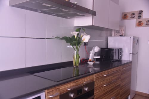Modern kitchen in Benavente apartment with white cabinetry, black countertop, wooden drawers, and white flowers in vase