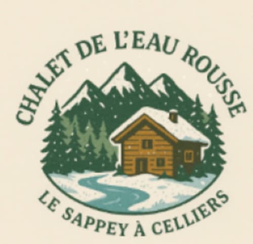 Logo du gîte Les Chalets de l'Eau Rousse : refuge montagnard avec chalet bois, pics enneigés et ruisseau à Celliers, France