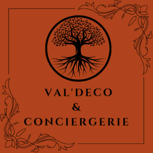 Logo Val'Déco Conciergerie : arbre aux racines dans un cercle sur fond terre cuite, Les Ponts de Cé France